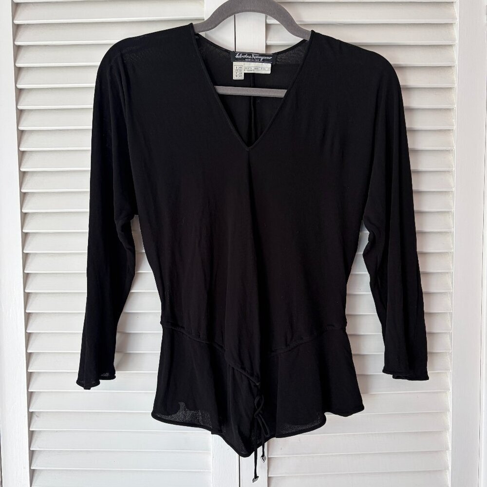 Vintage Salvatore Ferragamo women's top black blouse v-neck 90s shirt 12 y2k